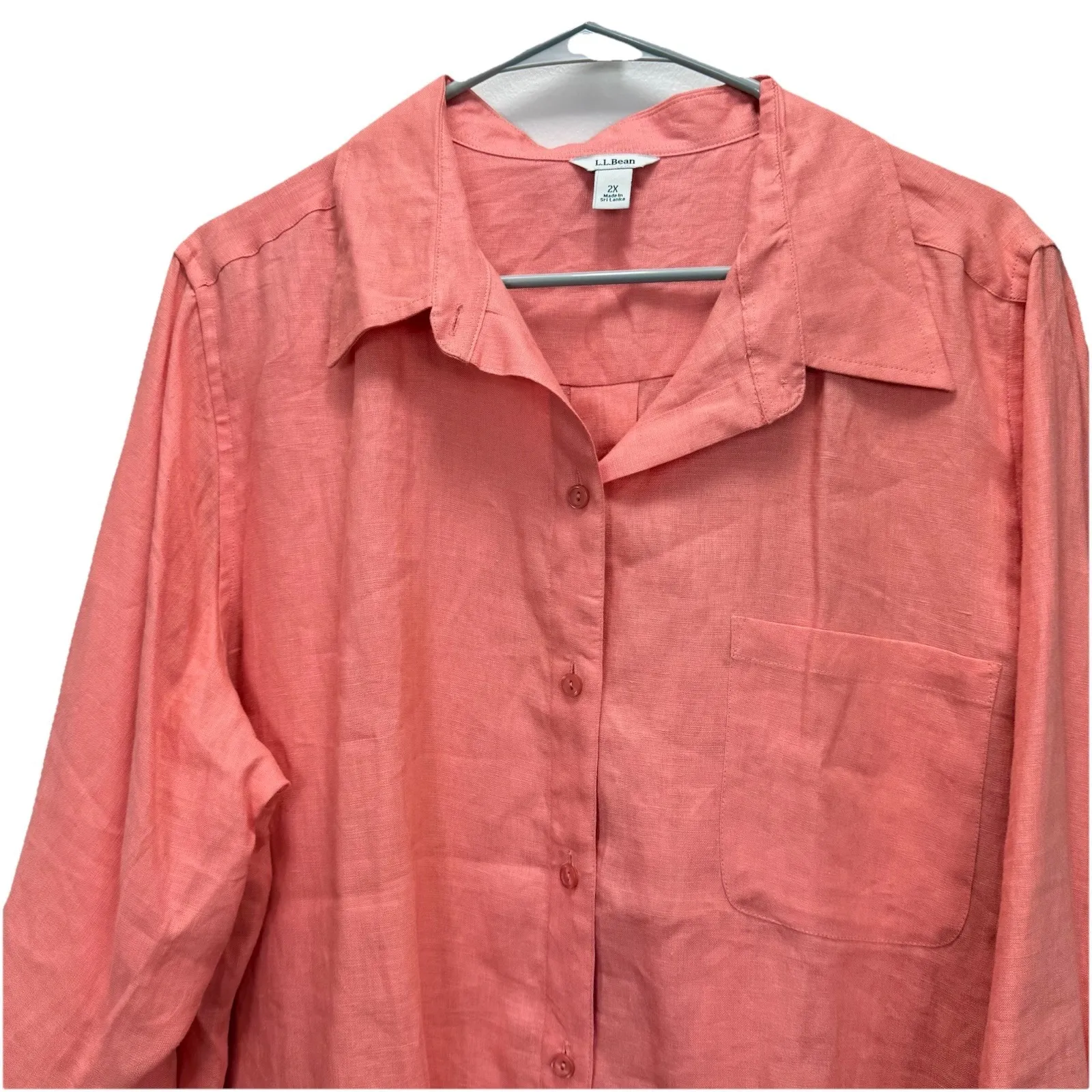 LL Bean Coral Orange Premium Washable Linen Long Sleeve Button Up Shirt Size 1X - Image 4