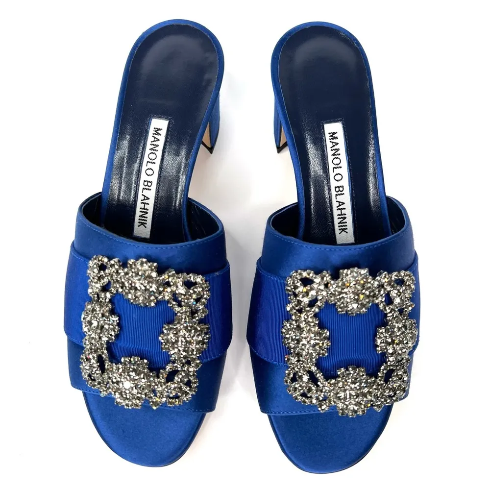 Manolo Blahnik Martanew 50mm Crystal Hangisi Blue Satin Mule Pump Size EU 35 - Image 2