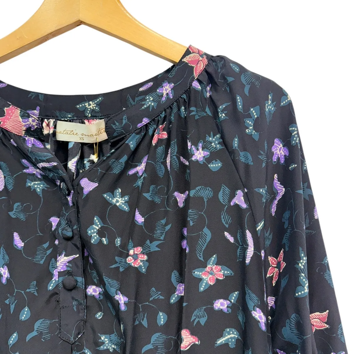 Natalie Martin Renata Silk Peasant Blouse Lotus Print Nero with Tied Sleeve XS - Image 8