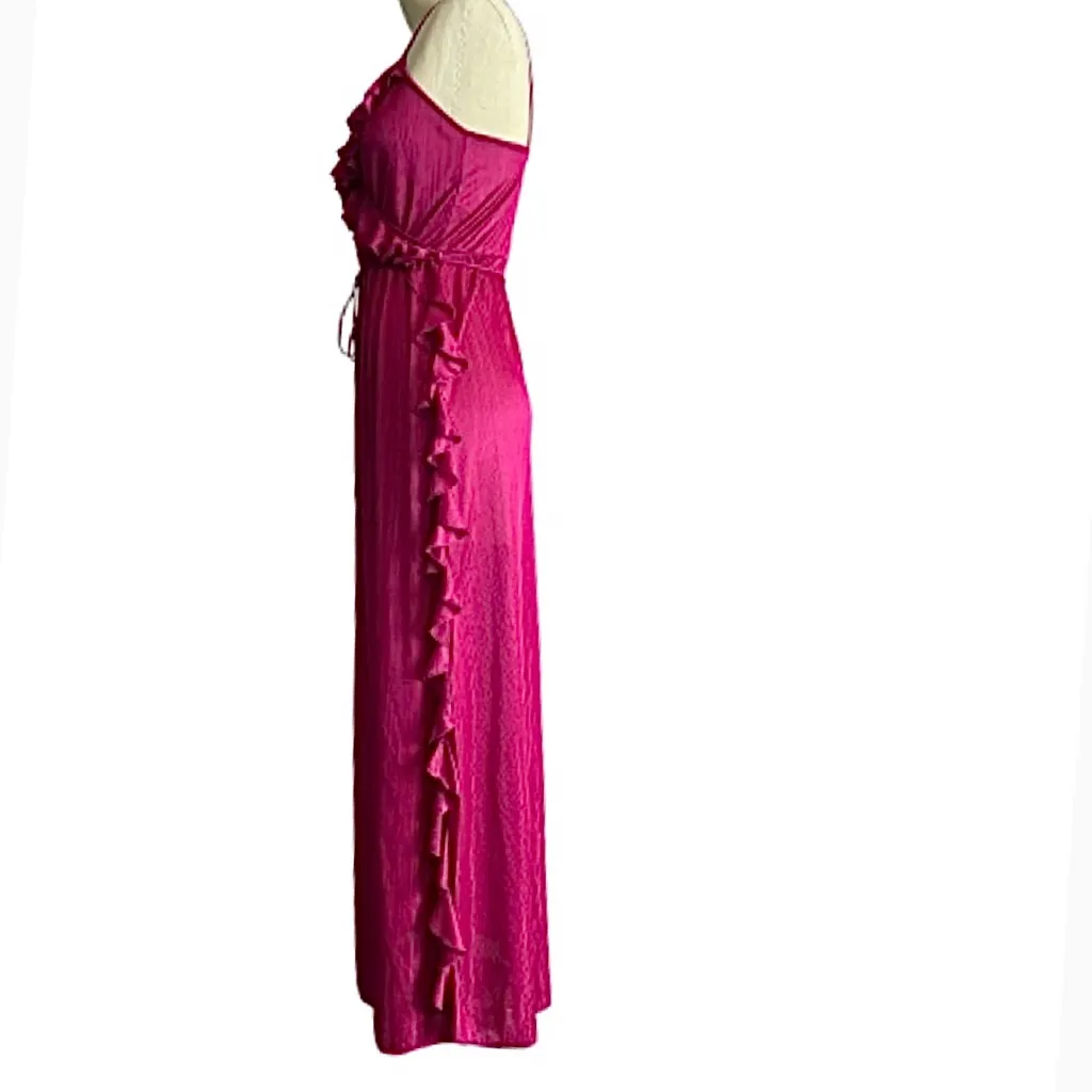 Vintage Flair Fuchsia Faux Wrap Maxi Nightgown with Ruffle Detail and Side Slit Pink Size petite - Image 4