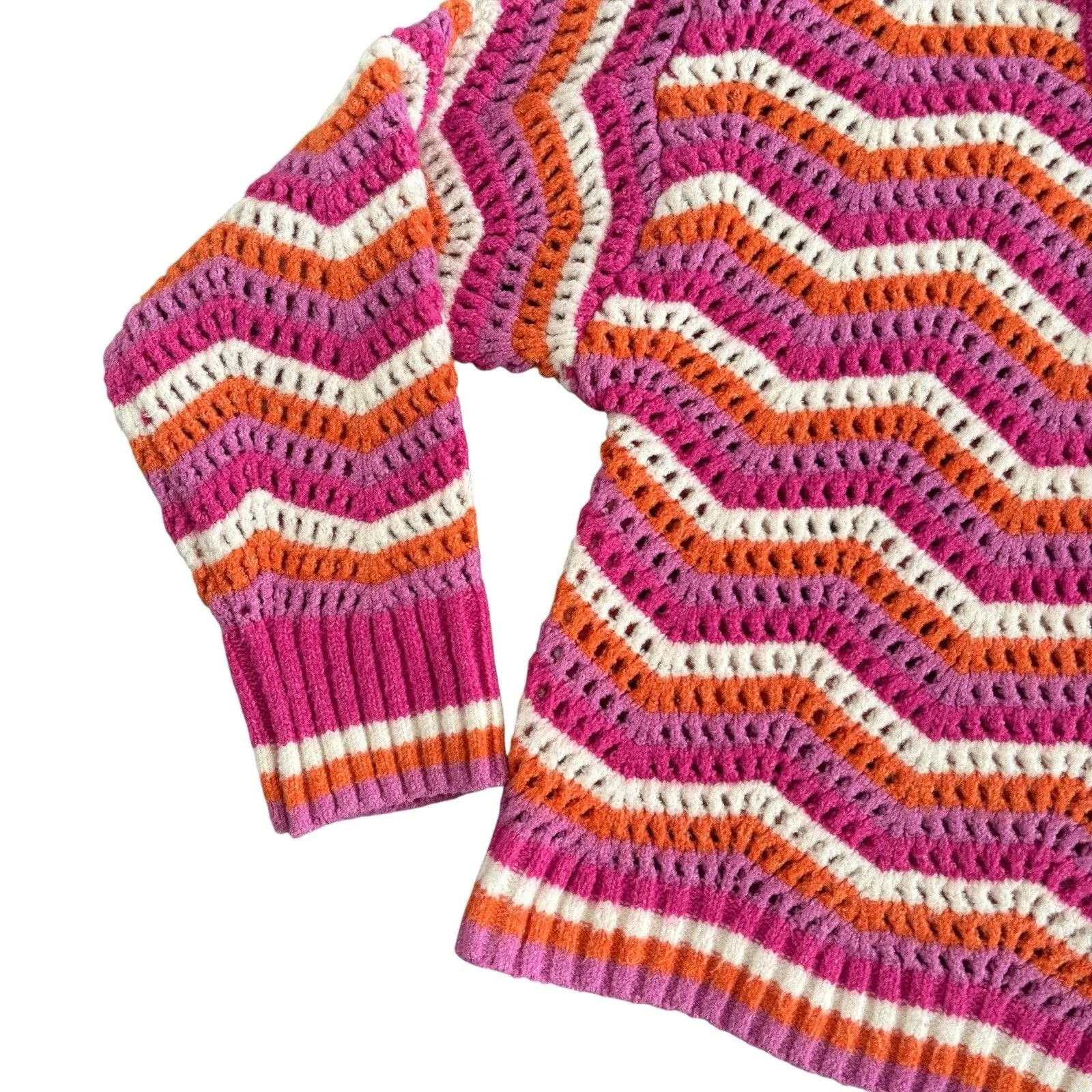 Hippie Rose Pink Orange Crochet Chevron Cropped Sweater 90s Y2K Vibe Sz. Medium - Image 3