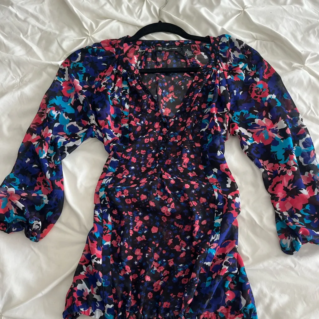 Floral Sheer Long Sleeve Dress Blue - Image 2