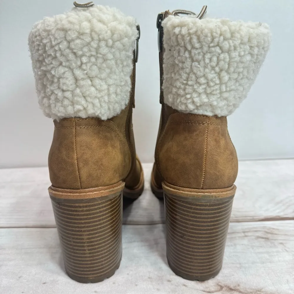 Nine West Penni Tan Faux Leather and Shearling Heeled Lace Up Boots Size 9.5 - Image 9