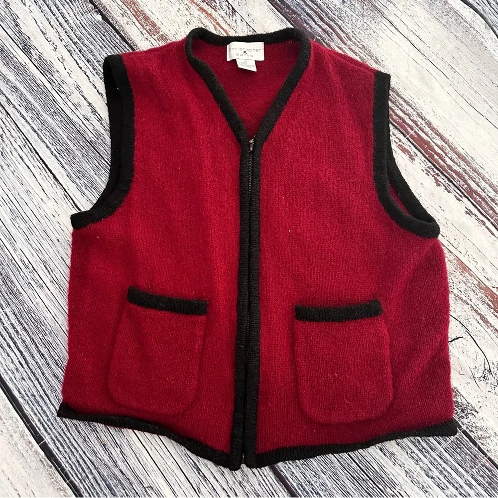 Vintage Christopher & Banks 100% Wool Red/Black Zip Up Vest - Image 2