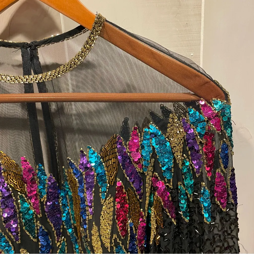 Vintage 80s Nite Line silk mesh beaded sequin floating neckline mini dress fancy Black Size XS - Image 13