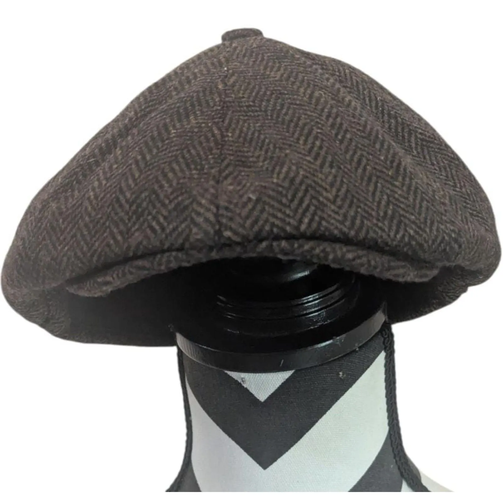 Voboom Herringbone Tweed Newsboy Cap One Size Brown Wool Blend Flat Hat - Image 2