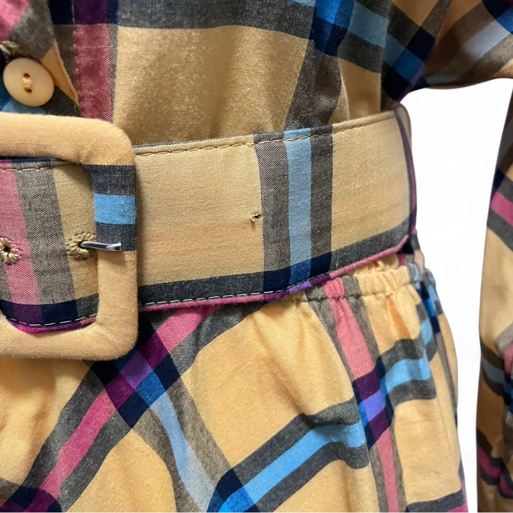 Retro Yellow Plaid Dress Women’s Medium Belted Collared Button Front Vintage Size undefined - Image 5