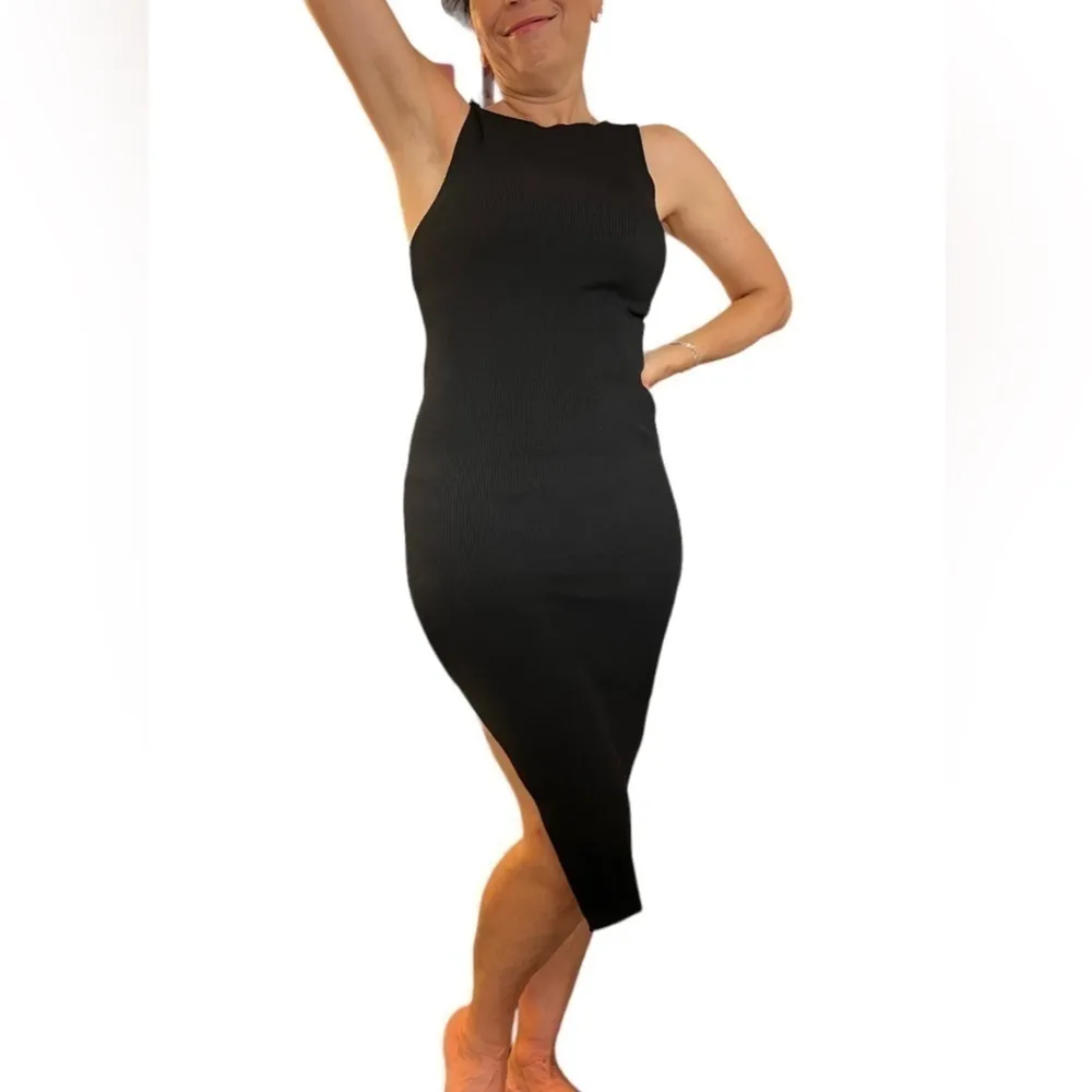 Midriff cutout Sweater Dress Cut out Waist 2 way, black, size L, side slit Black Size L - Image 5