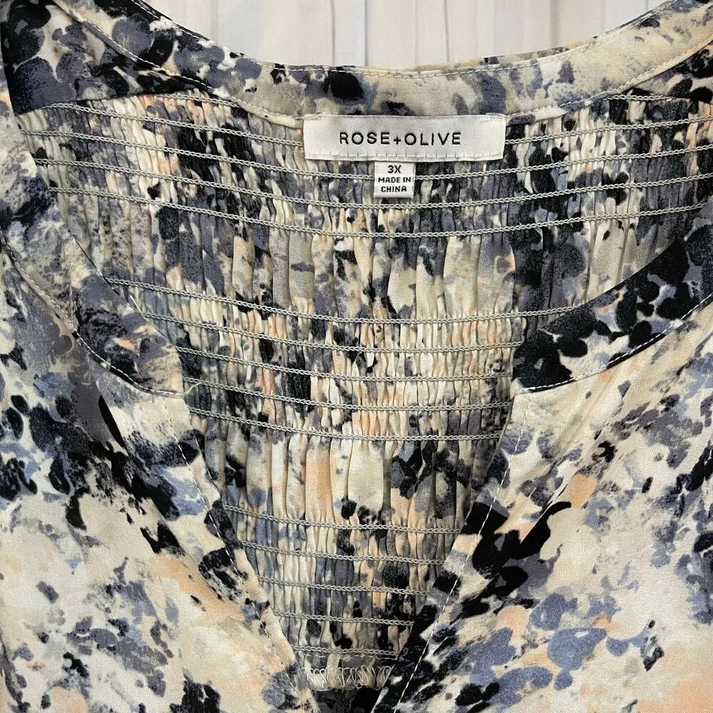 Rose + Olive Abstract Print Blouse 3X Lightweight Flowy Drapey Boho Plus Size Blue - Image 4