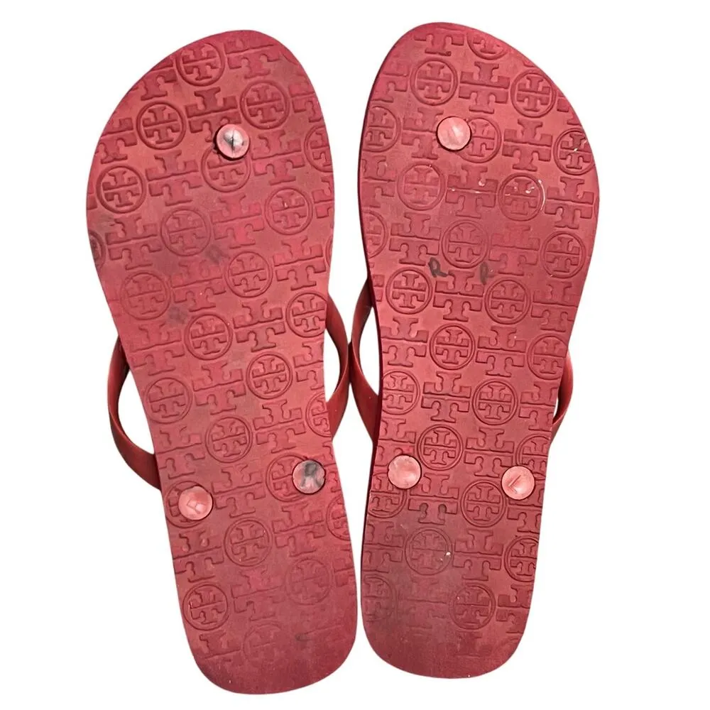 Tory Burch Flip Flops Womens 9 Burgundy Red Ikat Logo Medallion Beach Resort - Image 12