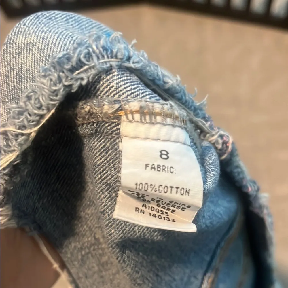 Blue and Pink Cropped Jean Jacket with Decorative Sleeves Size 8 - Image 6