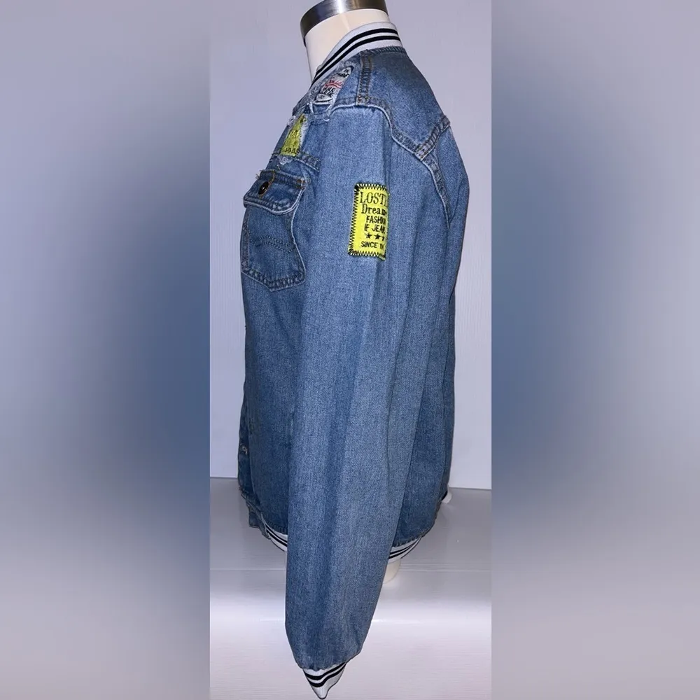 Denim Varsity Jacket with decorative patches. Button front with button pockets. Blue Size M - Image 5