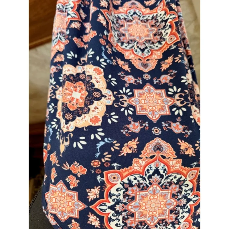 French Grey Sleeveless Medallion Swing Dress Navy Coral – Size L - Image 3