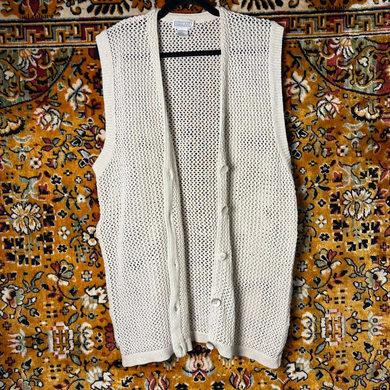 Vintage Lands' End Silk Cotton Crochet Vest Size L Open Knit Cream 90s Boho - Image 2