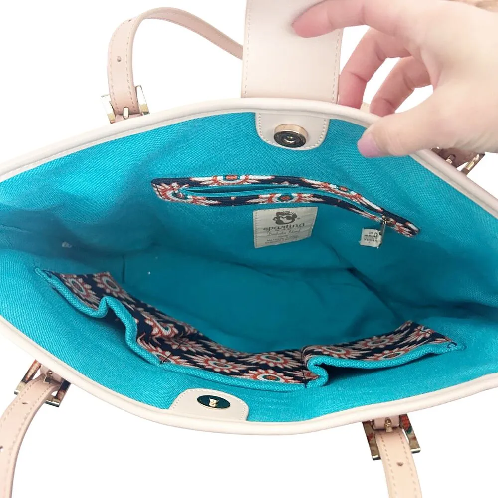 Spartina 449 Blue Orange Cream Leather Linen Tote Shoulder Bag - Image 8
