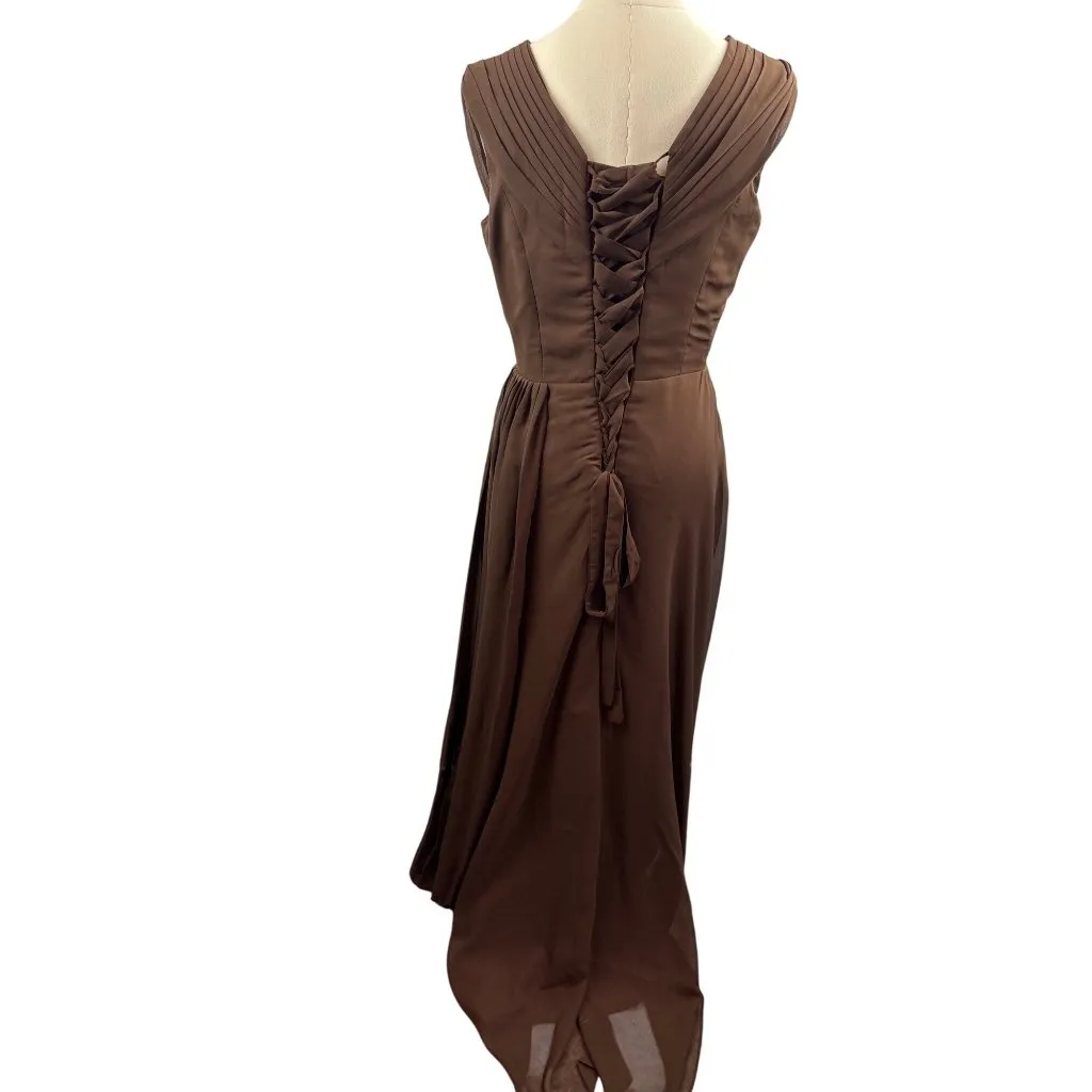 Elegant Brown Evening Gown With Beaded Embellishments & Pleated V - Image 5