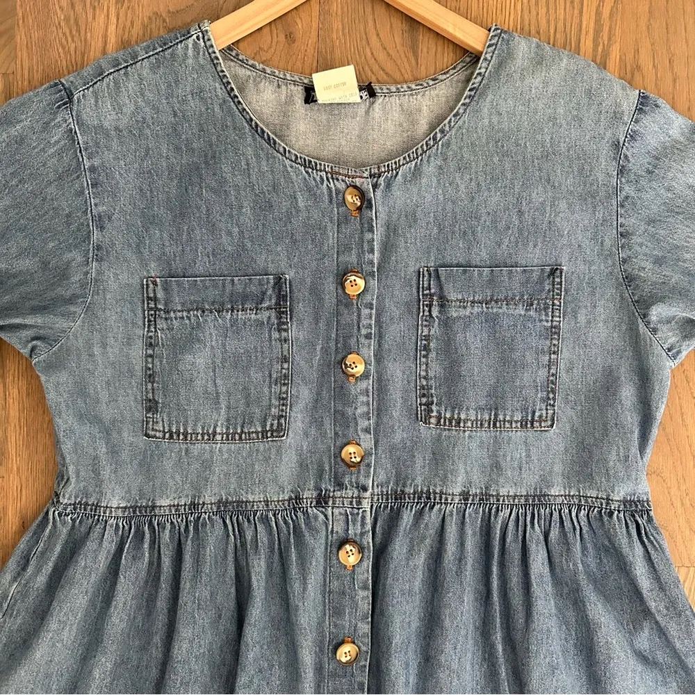 Vintage 90s Denim Chambray Long Sleeve Babydoll Dress Medium Blue Size Medium - Image 9