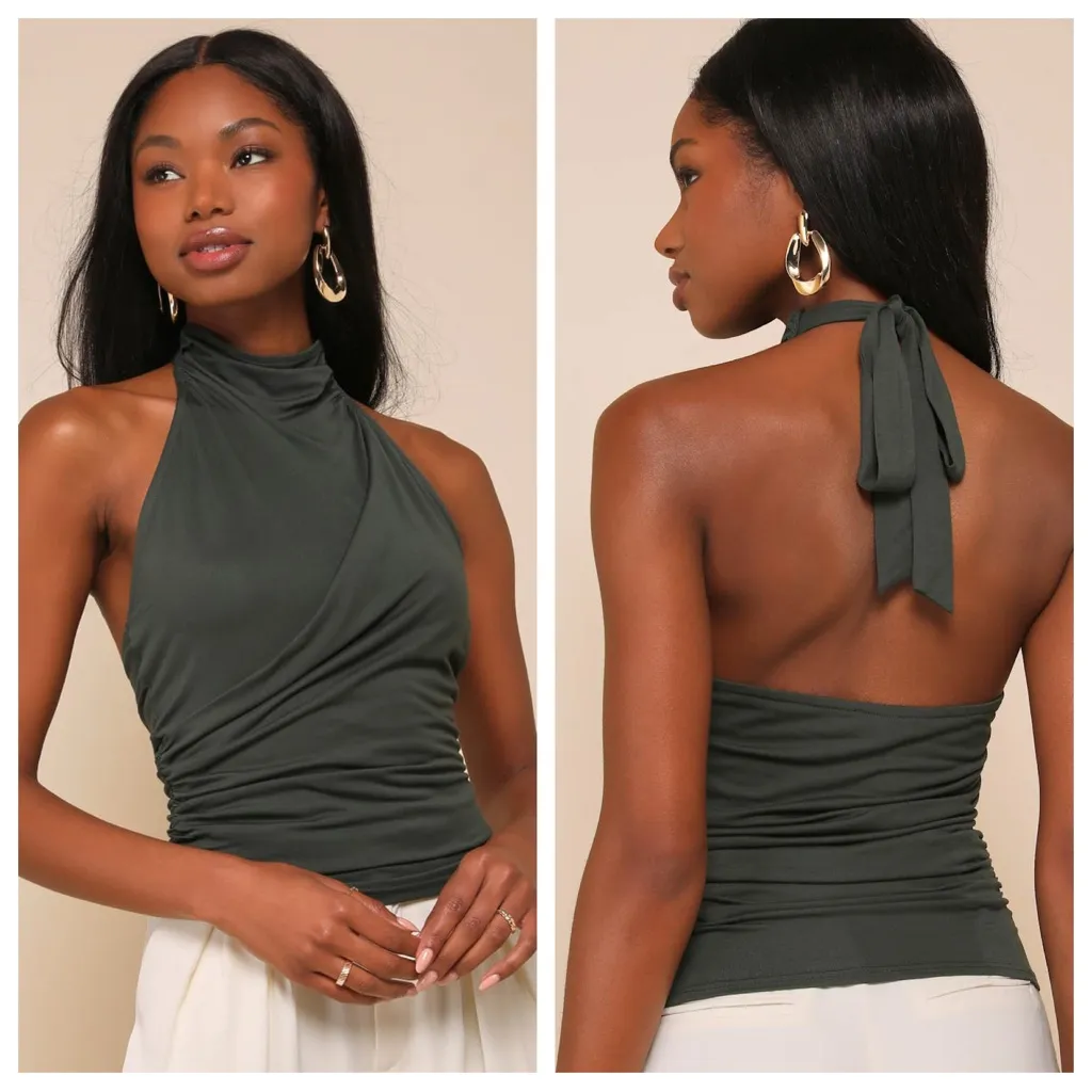 Lulus Cute Inspiration Dark Green Sleeveless Halter Top - Image 2