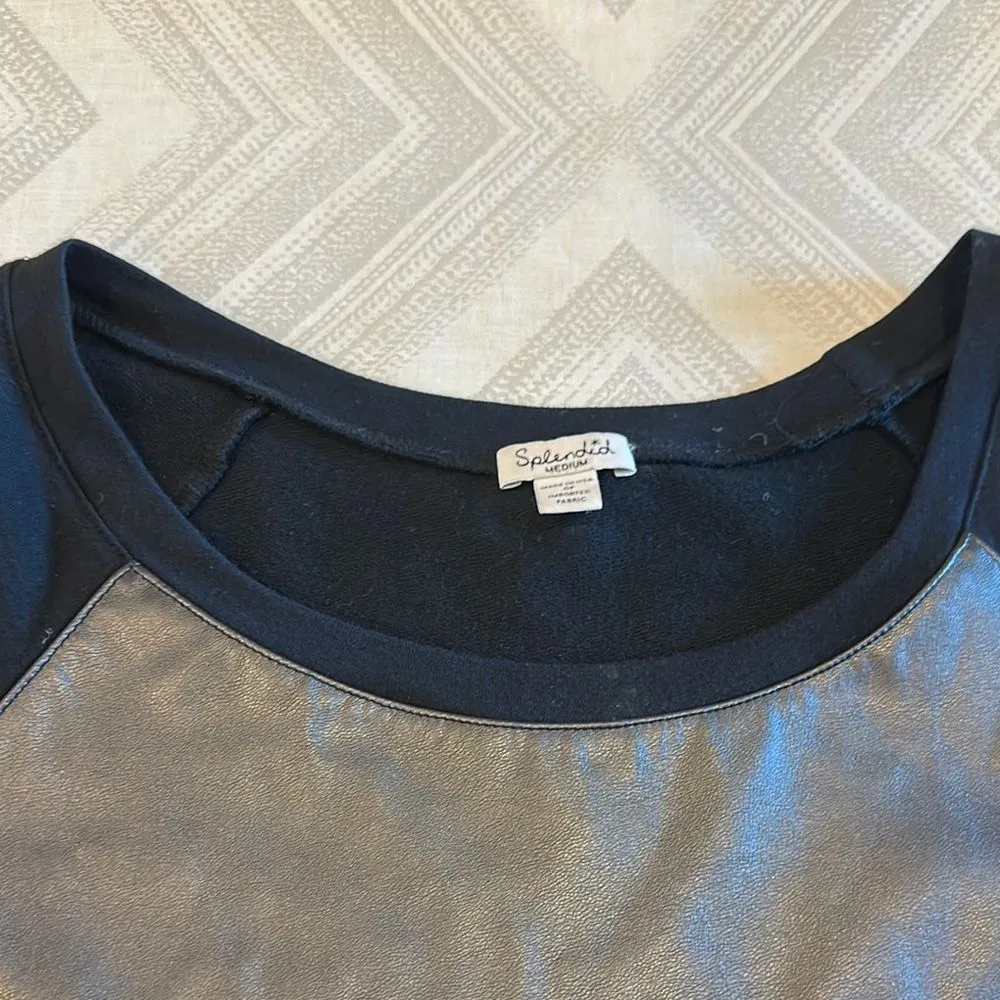 Splendid Women’s Black and Gray Faux Leather Long Sleeve Sweatshirt - Size M - Image 2