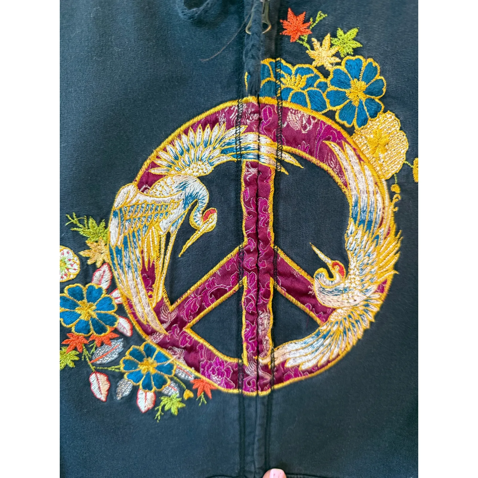 Lucky Brand Peace Sign Floral Embroidery Zip Up Hoodie Black Women's Size Large - Image 4