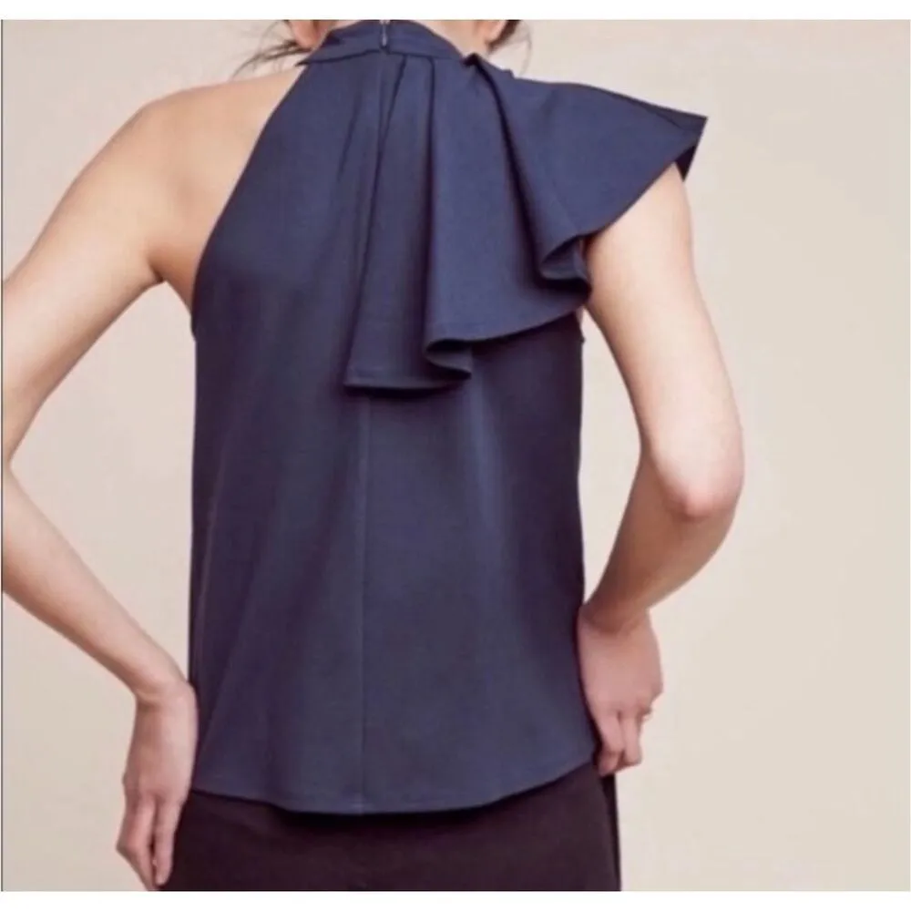 Anthropologie Eri + Ali Marin Nobility Halter Top Navy Blue Sleeveless Zip Ruffl - Image 3