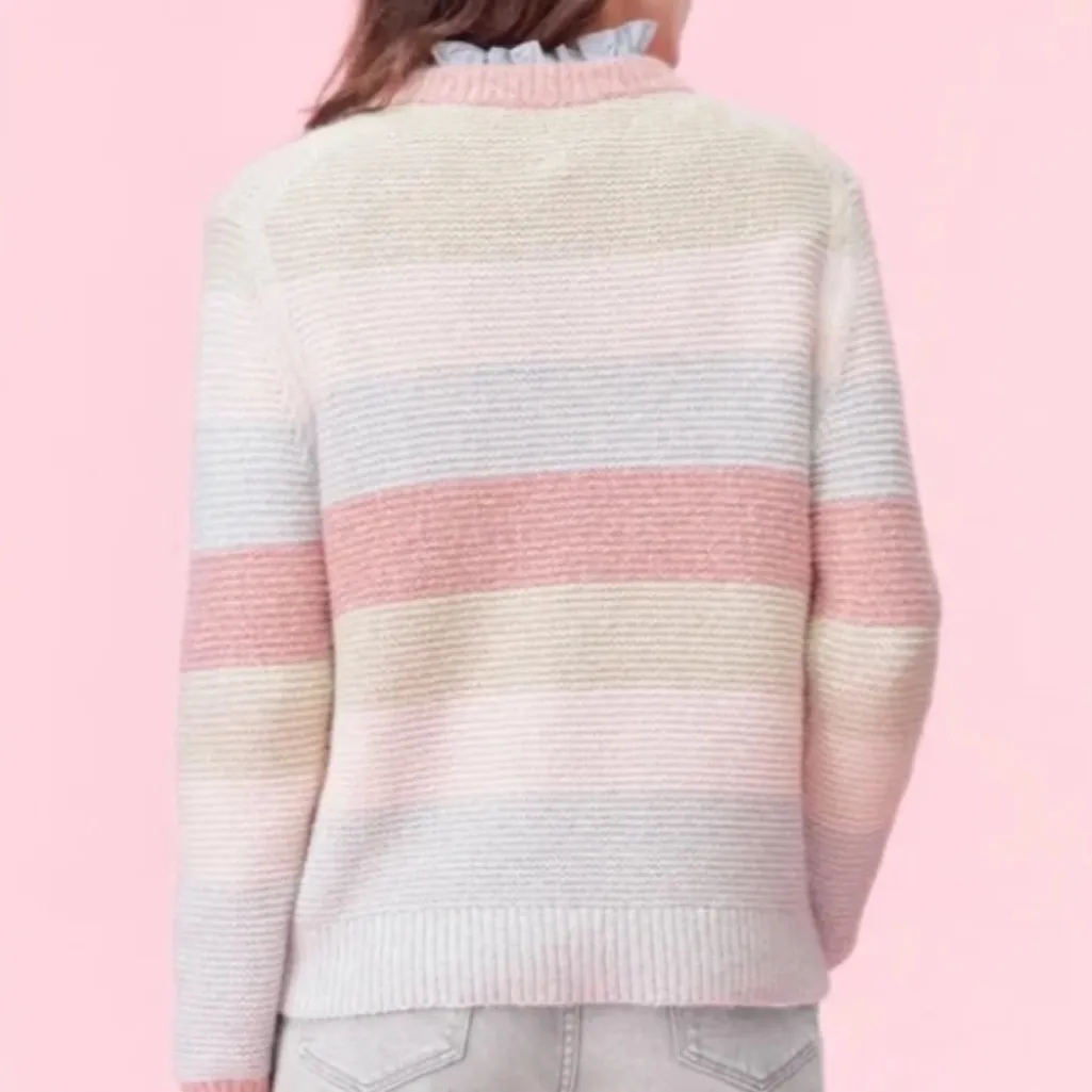 La Vie Rebecca Taylor Pastel Multi Striped Wool Knit Crewneck Sweater Small $395 Pink - Image 2