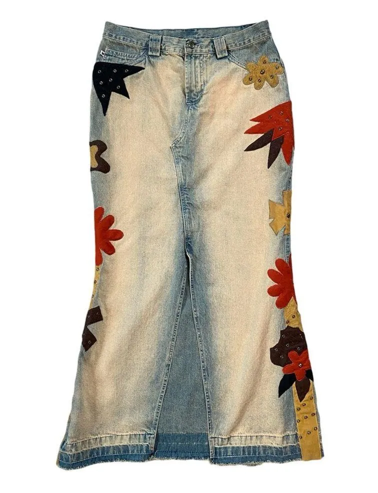 Vintage 90s/Y2K RARE Road Cat Suede And Felt Patchwork Maxi Denim Skirt Size M Size M - Image 16