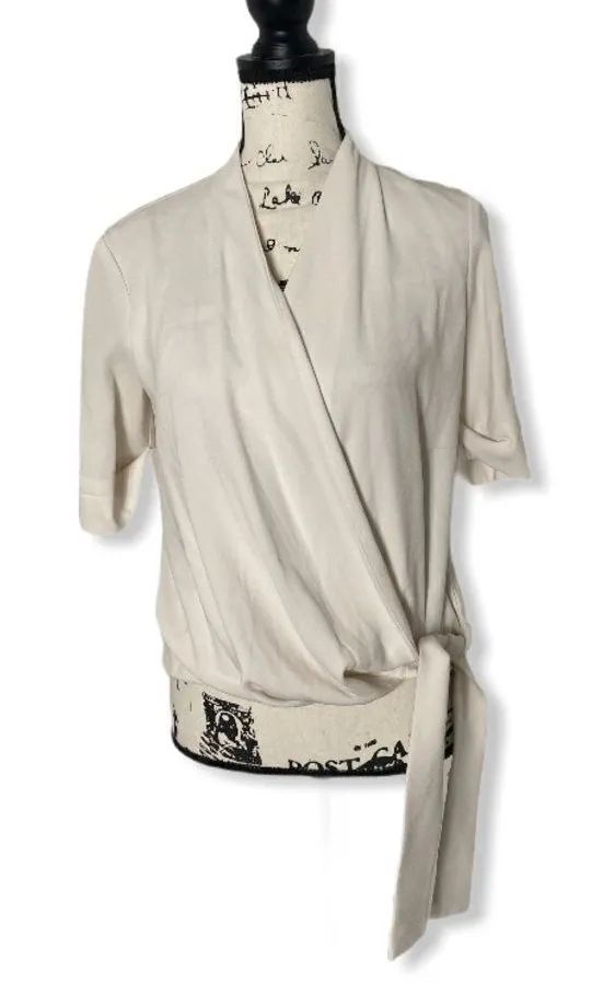 MM.LaFleur Draped Wrap Blouse | Tie Front | Short Sleeve | Cream | Size Small - Image 1