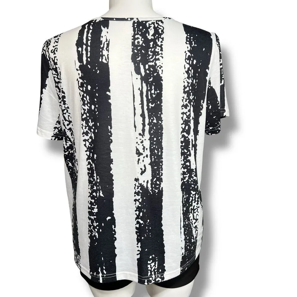 Boutique Womens T Shirt Top Striped V Neck Pullover Lightweight Black White XL - Image 3