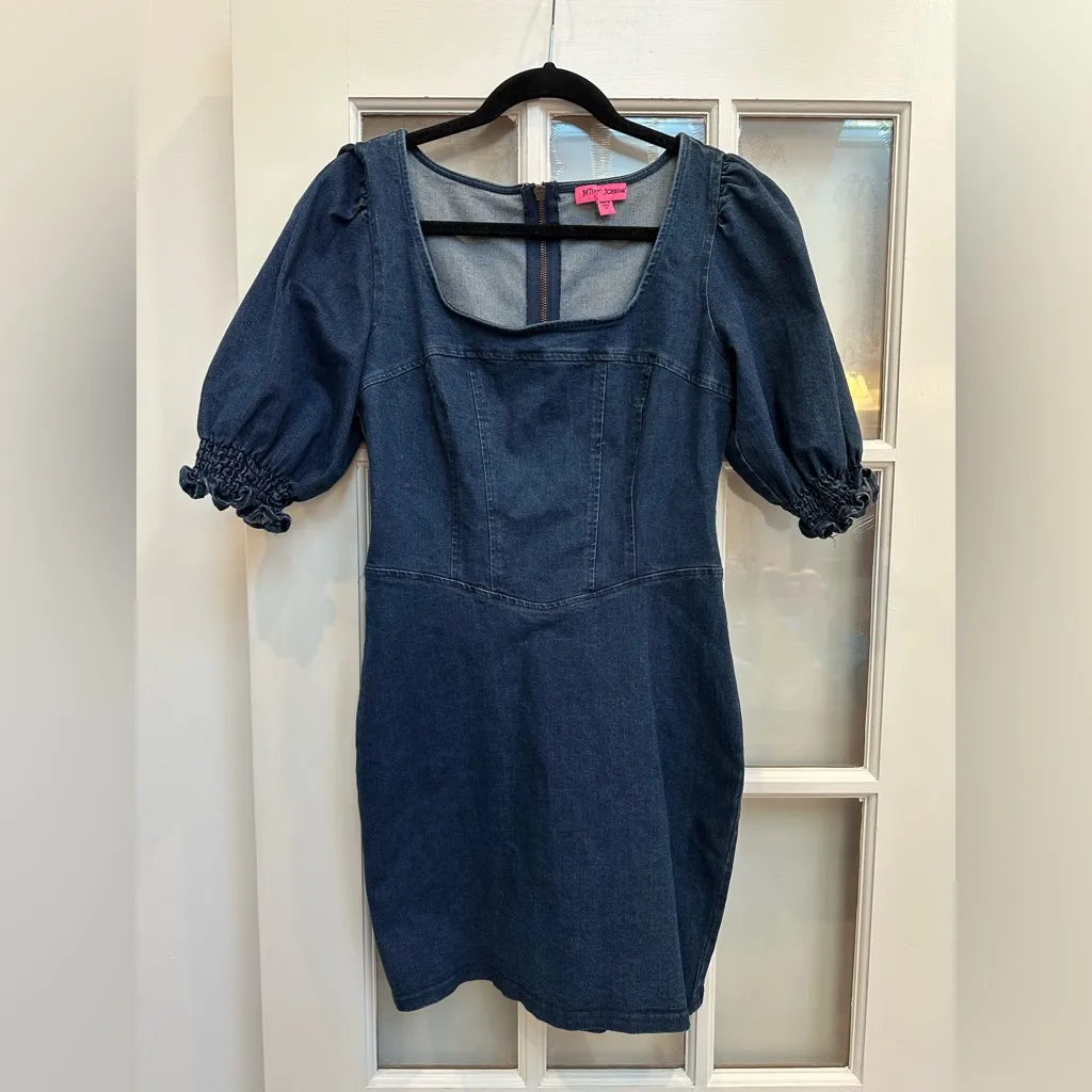 Betsey Johnson Puff-Sleeve Dark Denim Wash Mini Dress Retro Pinup Chic Size M - Image 2