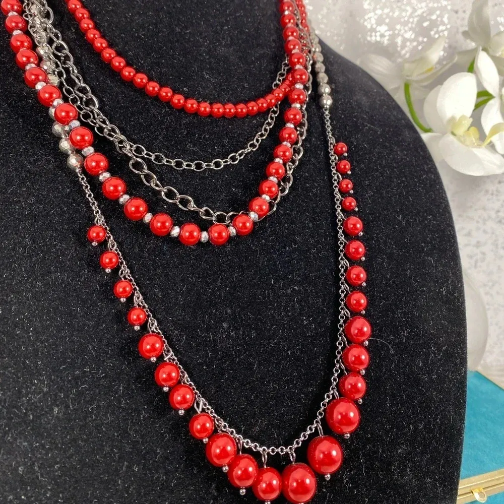 🆕 Ocasion Brand Red & Silver Layered Necklace - Image 4