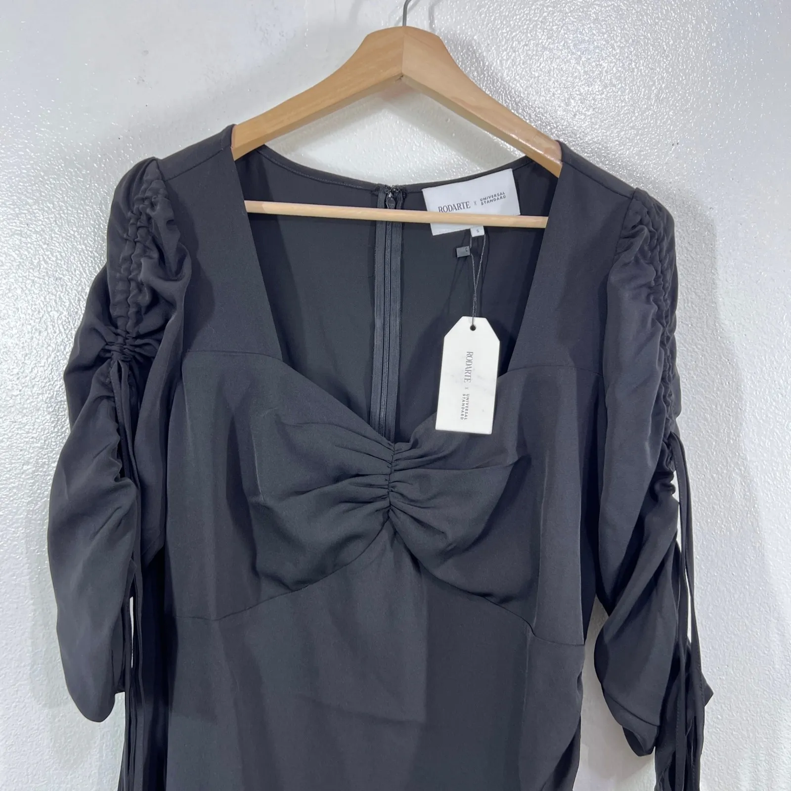 RODARTE x‎ Universal Standard Black Ruched Tie Sleeve Flounce Hem Dress Small - Image 8