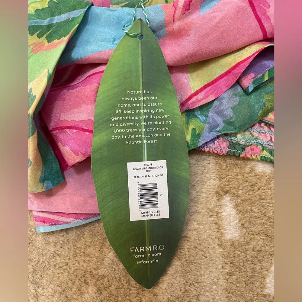 Farm Rio NWT Beach Vibe Multicolor Top blue pink green ruffle women’s size L - Image 10