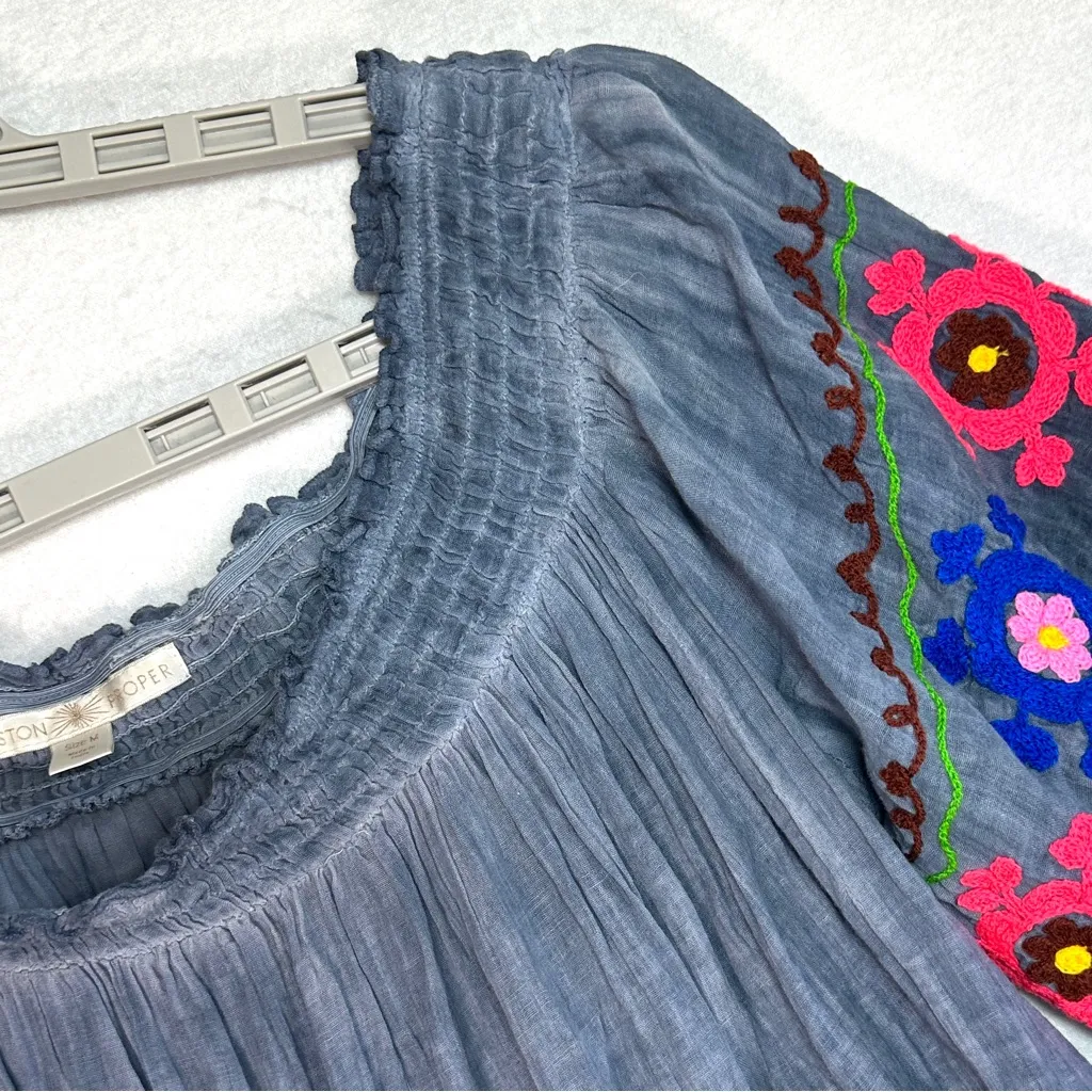 Boston Proper Off Shoulder Top M Blue Embroidered Floral Elastic Boho Peasant - Image 2