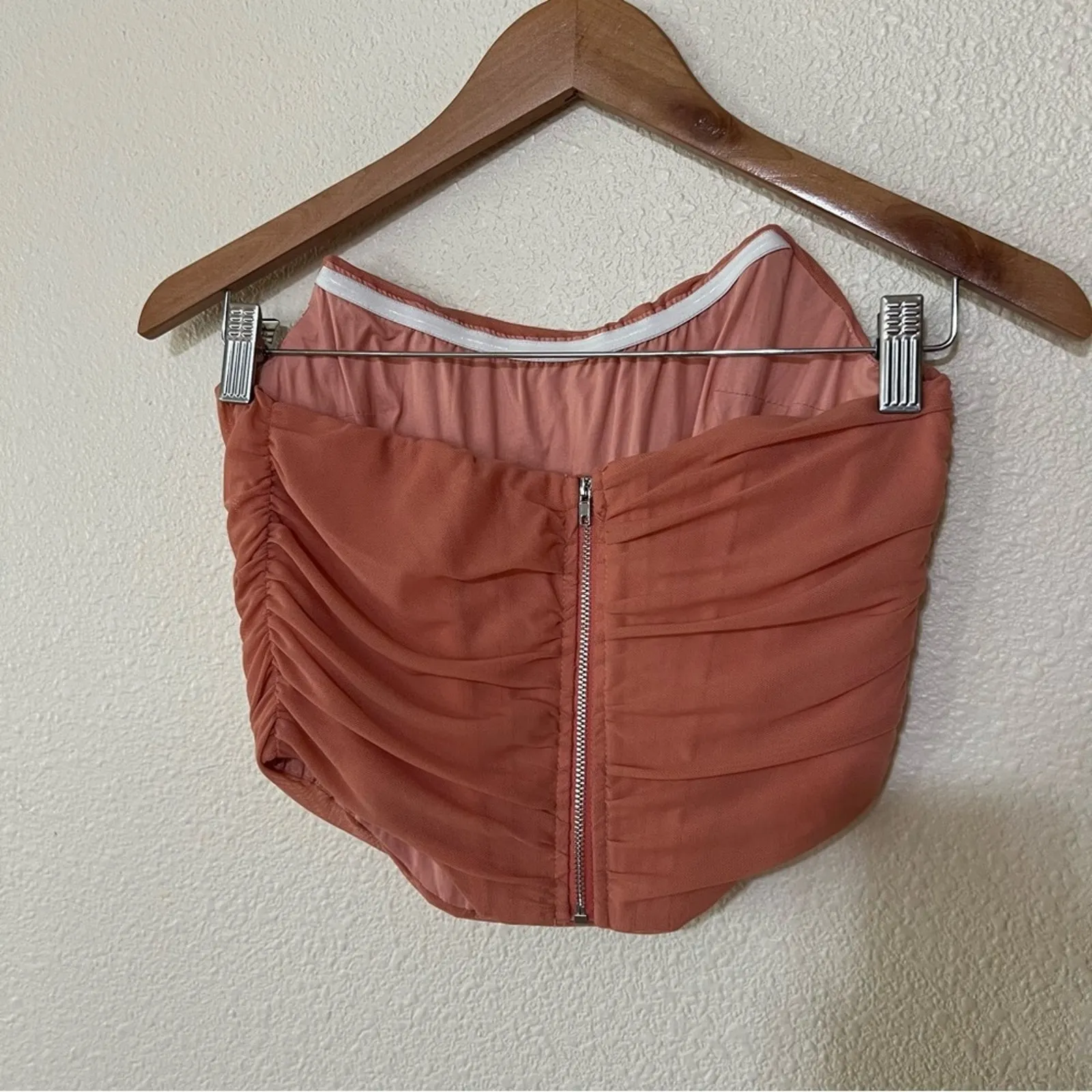 Salmon orange pink mesh ruched strapless corset top bustier SMALL - Image 5