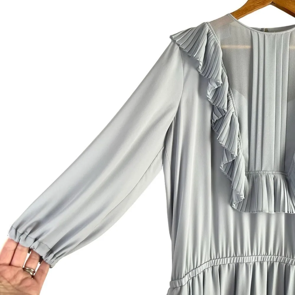 BCBGMaxazria Kristey Pleated Ruffle Bib Dress in Light Dusty Blue, Size Large‎ - Image 7