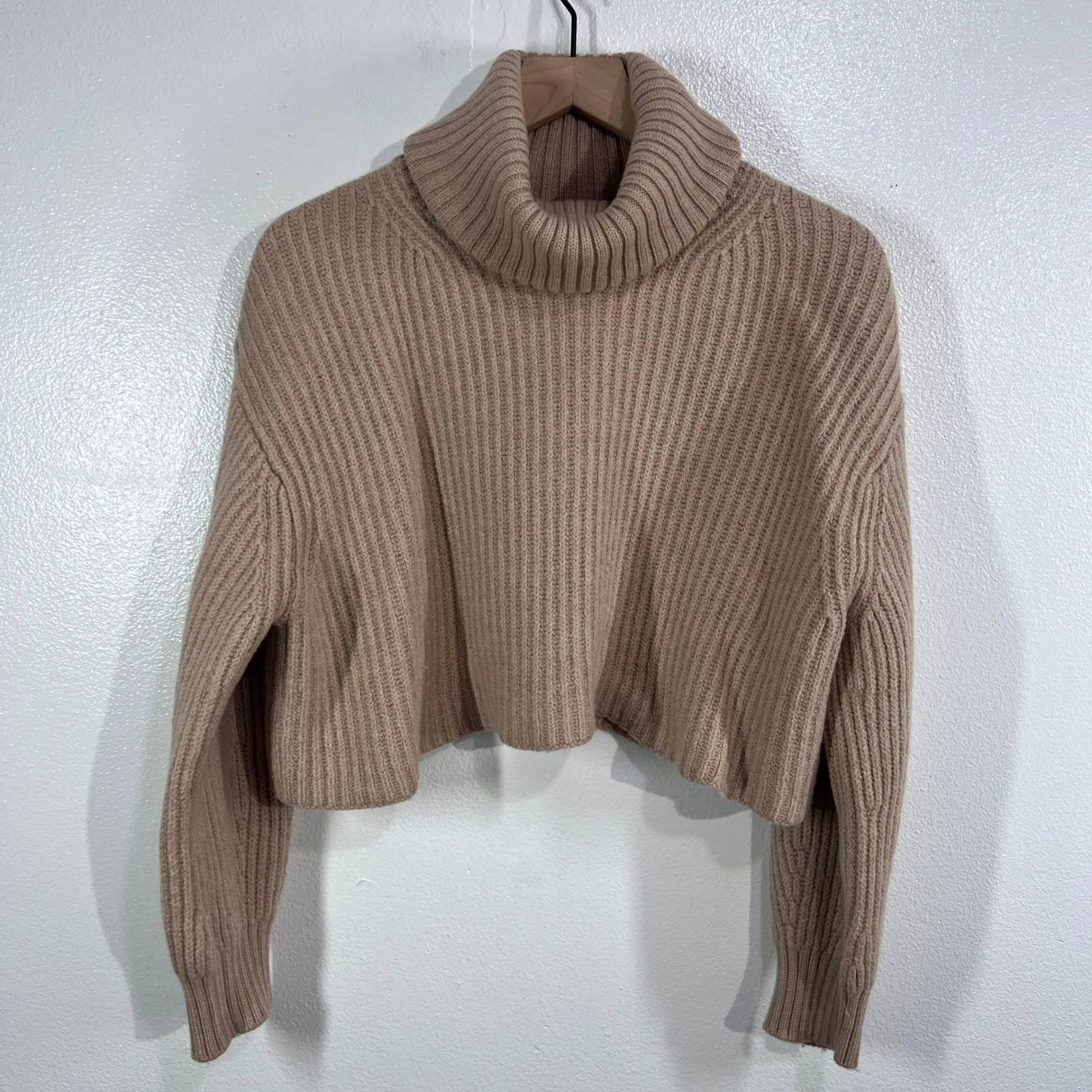 Babaton Merino Wool Cropped Turtleneck Sweater Small Tan Ribbed Knit Oversize - Image 3