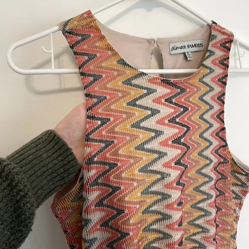 ALMOST FAMOUS Coral Orange Cream Chevron Zig Zag Knit Retro 70s Mini Tank Dress - Image 3