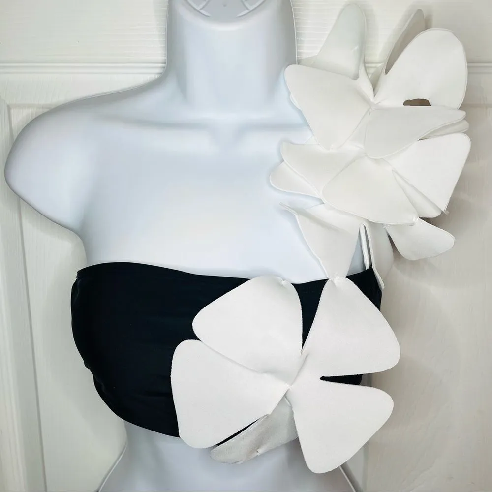 Davi & Dani One Shoulder Flower Two Piece Swim Set Black & White Bikini S NWT - Image 5