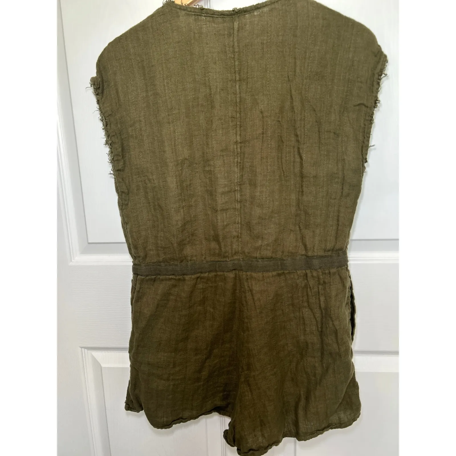 Free People Olive Green Linen Romper‎ Drawstring Waist Small Pockets Casual - Image 5