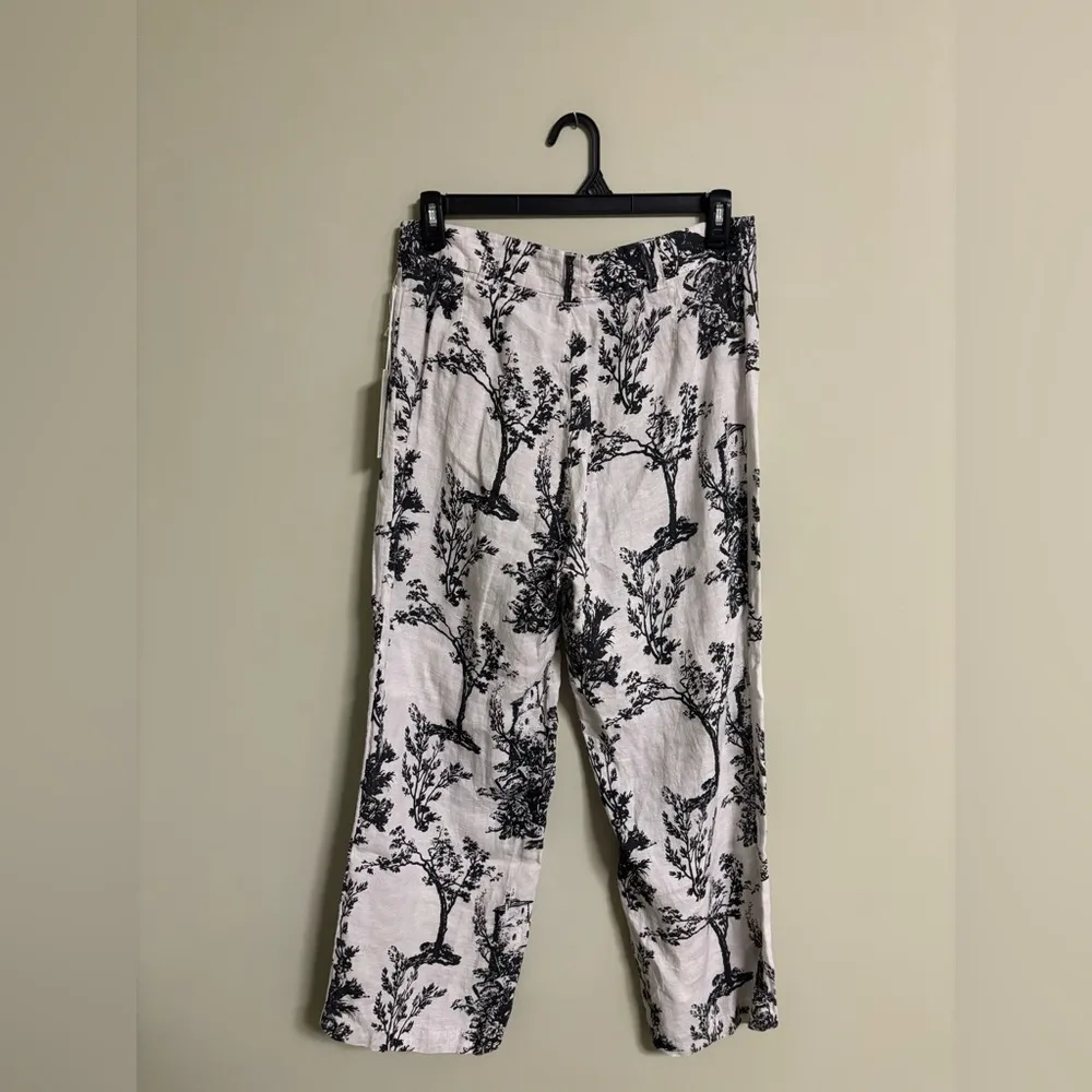 Joie Crop Pants Wide Leg Linen Tree Printed Ivory/Black Pockets Size 12 High New - Image 2