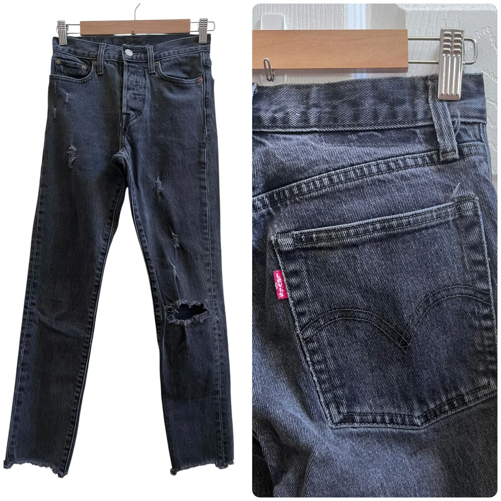 Levi’s Wedgie Icon Button Fly Black Wash Distressed Jean Size 24 Grunge Punk - Image 2