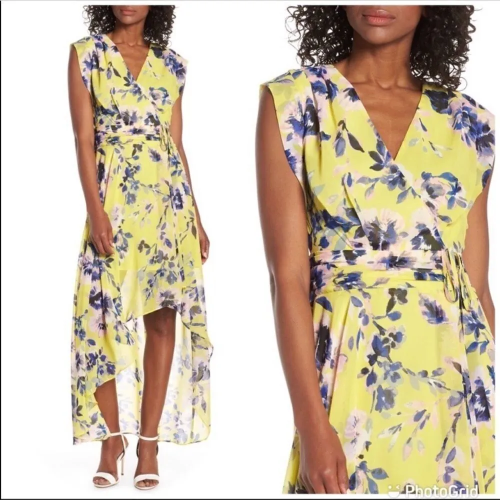 ELIZA J Yellow Floral Print Chiffon Maxi Dress Sleeveless High Lo Hem Size 2 New - Image 7