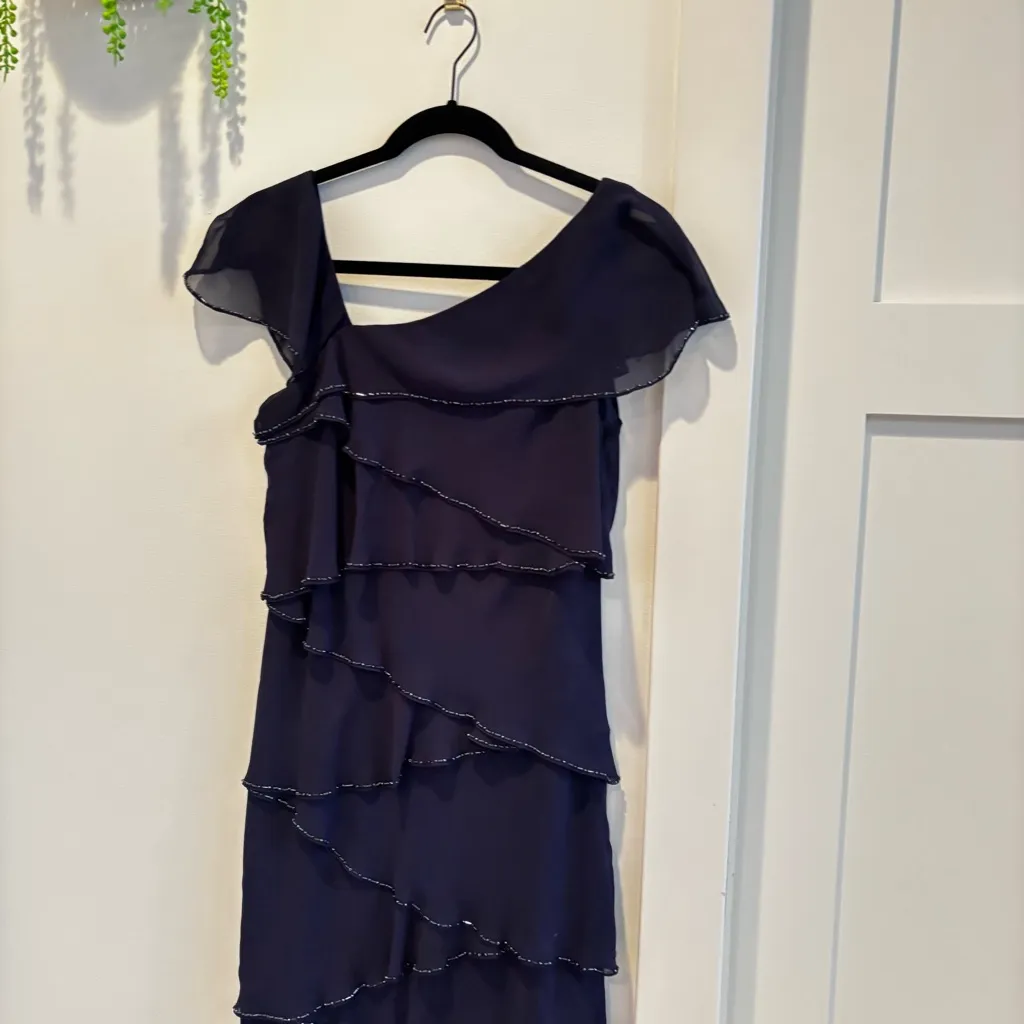 Patra Tiered Beaded Trim Navy Fairy Women's Midi Dress Asymmetrical Neckline 6 Blue - Image 2