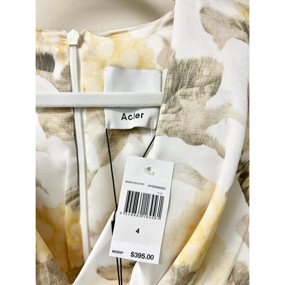 NWT Acler Faris Tiered Floral Satin Pleated Mini Dress White/Yellow Women's US 4 White - Image 4