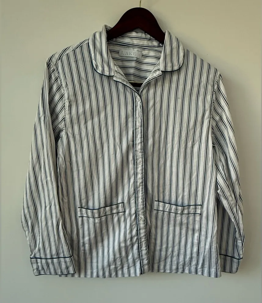 LAKE Pajama Top Striped Cotton Button Front Long Sleeve Sleep Shirt Sz S White - Image 1