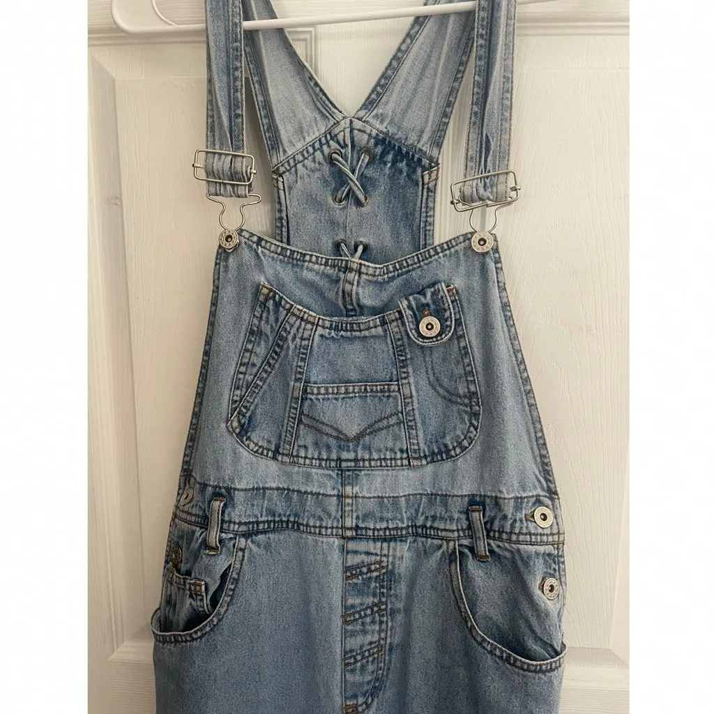 Vintage Bib Overalls High Waisted 90s Denim Women’s High Rise Light Wash Blue Size 6 - Image 2