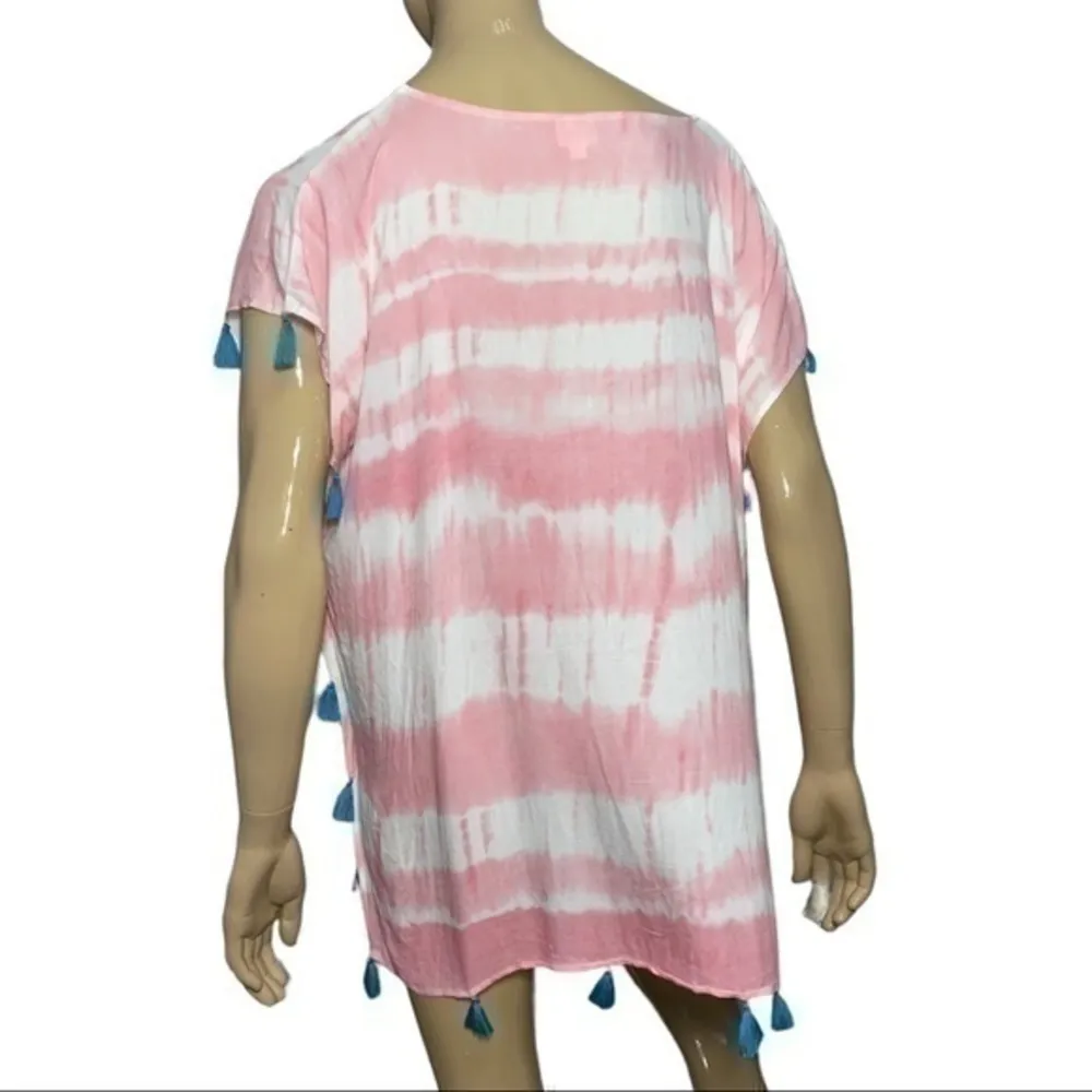 Surf Gypsy Women’s Size S Pink White Tie Dye Lined w Turquoise Tassels Cover Up - Image 4