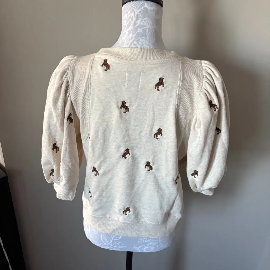Maeve Anthropologie Horse Print Puff Sleeve Sweatshirt Cream Large NWT - Image 3