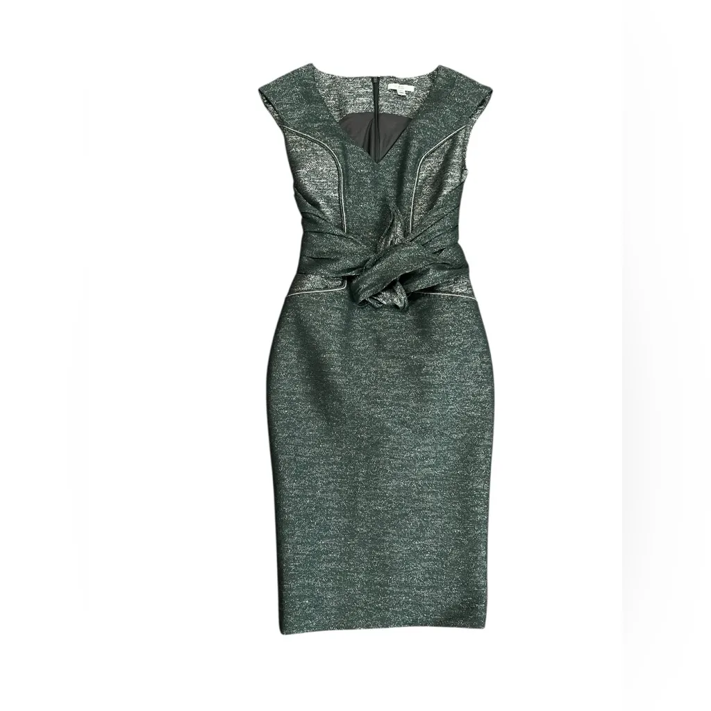 Zac Posen Knotted Waist Structured Green/Silver Cocktail Sheath Dress – Size 4 - Image 2